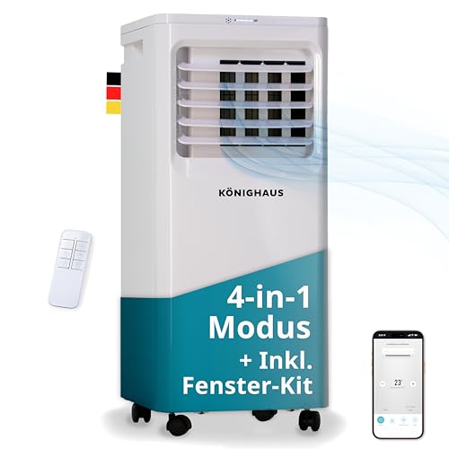 Könighaus Smarte Mobile Klimaanlage | Schnell & Effizient (A) | 4-in-1: Kühlung Entfeuchter Ventilator Luftreiniger | Steuerung per Fernbedienung & Alexa | 7000 BTU Klimagerät (2,1 kW)