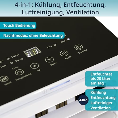 Könighaus Smarte Mobile Klimaanlage | Schnell & Effizient (A) | 4-in-1: Kühlung Entfeuchter Ventilator Luftreiniger | Steuerung per Fernbedienung & Alexa | 7000 BTU Klimagerät (2,1 kW) – Bild 2