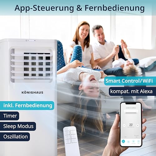 Könighaus Smarte Mobile Klimaanlage | Schnell & Effizient (A) | 4-in-1: Kühlung Entfeuchter Ventilator Luftreiniger | Steuerung per Fernbedienung & Alexa | 7000 BTU Klimagerät (2,1 kW) – Bild 4