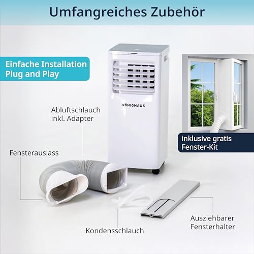 Könighaus Smarte Mobile Klimaanlage | Schnell & Effizient (A) | 4-in-1: Kühlung Entfeuchter Ventilator Luftreiniger | Steuerung per Fernbedienung & Alexa | 7000 BTU Klimagerät (2,1 kW) – Bild 5