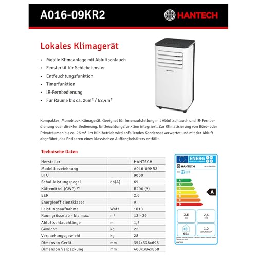 HANTECH Mobile Klimaanlage 9000 BTU |AC-A016-09KR2 | 3-in-1 Kühlgerät mit Ventilator & Entfeuchter | Effiziente Kühlung bis 33 m² | Inkl. Fernbedienung & Abluftschlauch – Bild 8