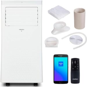 MEDION Smarte Mobile Klimaanlage mit Abluftschlauch P1002 (10000 BTU, mobil, inkl. Fensterabdichtung, bis 34m², 3in1 Kühlen Entfeuchten Ventilieren, App- und Sprachsteuerung, Schlafmodus, MD 37733)