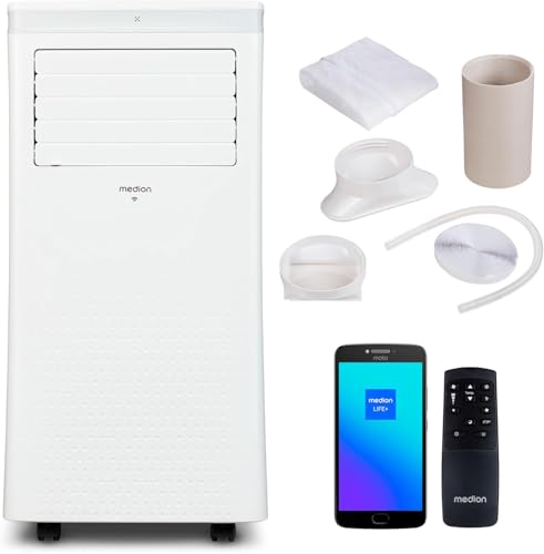 MEDION Smarte Mobile Klimaanlage mit Abluftschlauch P1002 (10000 BTU, mobil, inkl. Fensterabdichtung, bis 34m², 3in1 Kühlen Entfeuchten Ventilieren, App- und Sprachsteuerung, Schlafmodus, MD 37733)