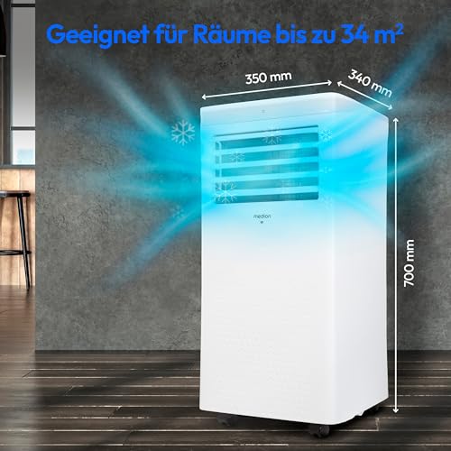 MEDION Smarte Mobile Klimaanlage mit Abluftschlauch P1002 (10000 BTU, mobil, inkl. Fensterabdichtung, bis 34m², 3in1 Kühlen Entfeuchten Ventilieren, App- und Sprachsteuerung, Schlafmodus, MD 37733) – Bild 3