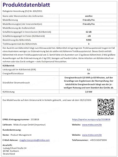 Comfee Mobiles Klimagerät Umweltfreundliches KältemittelPro, 3-in-1 Klimaanlage mit Abluftschlauch, Kühlen und Entfeuchten und Ventilieren, 10000 BTU, 2,9kW, für Räume ca. 80 m³(32 ㎡), EEK A – Bild 13