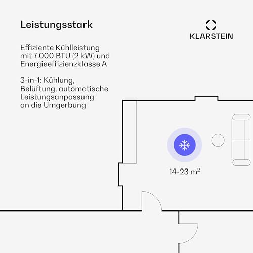 Klarstein Mobile Klimaanlage mit Abluftschlauch - 7000 BTU, 3-in-1, Leise & Energieeffizient, Smart Control via App & Fernbedienung, mit Fensterdichtungsset, R290 Kühlmittel, Für Räume bis 25 m² – Bild 4