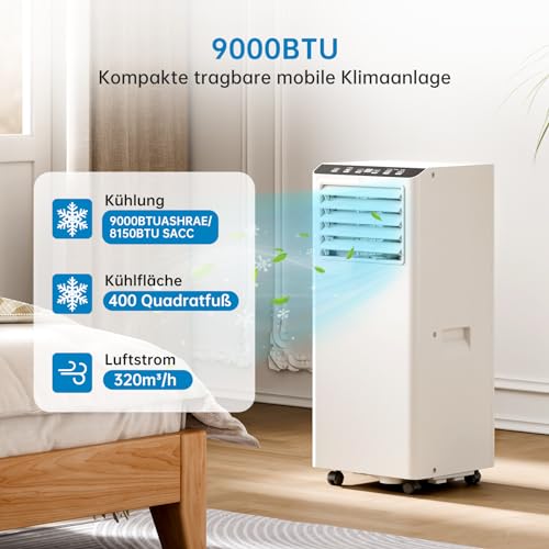 Klimaanlage Mobil 9000 BTU - Kühlen Entfeuchten Ventilato - 2.6KW Mobile Klimagerät mit Abluftschlauch - Leiser Betrieb <52 dB - Intelligente Steuerung Energiesparmodus - für Raumgröße bis 45㎡- Weiß – Bild 3