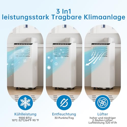 Klimaanlage Mobil 9000 BTU - Kühlen Entfeuchten Ventilato - 2.6KW Mobile Klimagerät mit Abluftschlauch - Leiser Betrieb <52 dB - Intelligente Steuerung Energiesparmodus - für Raumgröße bis 45㎡- Weiß – Bild 5