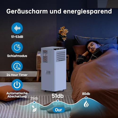 Klimaanlage Mobil 9000 BTU - Kühlen Entfeuchten Ventilato - 2.6KW Mobile Klimagerät mit Abluftschlauch - Leiser Betrieb <52 dB - Intelligente Steuerung Energiesparmodus - für Raumgröße bis 45㎡- Weiß – Bild 6