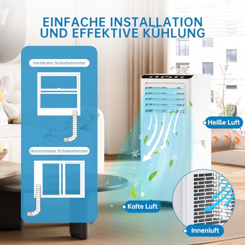 Klimaanlage Mobil 9000 BTU - Kühlen Entfeuchten Ventilato - 2.6KW Mobile Klimagerät mit Abluftschlauch - Leiser Betrieb <52 dB - Intelligente Steuerung Energiesparmodus - für Raumgröße bis 45㎡- Weiß – Bild 8
