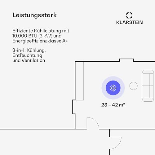 Klarstein Metrobreeze Rome Smart Mobile Klimaanlage – 10000 BTU, 29-49 m², App & Alexa Steuerung, Energieeffizienz A , 3-in-1 Kühlen, Trocknen & Ventilator, Inkl. Abluftschlauch & Fensterkit, Schwarz – Bild 4