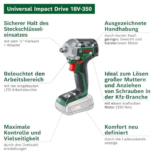 Bosch Akku-Drehschlagschrauber UniversalImpactDrive 18V-350 (kraftvolles Schrauben und Befestigen im Bauwesen; max. Drehmoment: 350 Nm; Sechskantadapter; Mutternschlüsselsatz; ohne Akku) – Bild 4