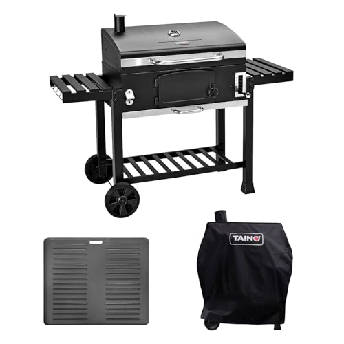 TAINO HERO XXL Holzkohlegrill Set Abdeckhaube Grillplatte Smoker Grillwagen BBQ