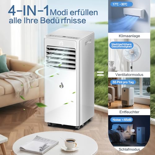4-in-1 Klimaanlage Mobil, 9000 BTU Mobile Klimaanlage mit Kühlung, Entfeuchtung, Mobiles Klimagerät mit Fernbedienung, Abluftschlauch, Sleep-Modus, 0.9kW für Räume bis 90m³/33㎡ – Bild 3