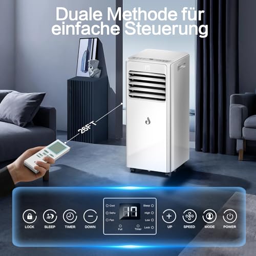4-in-1 Klimaanlage Mobil, 9000 BTU Mobile Klimaanlage mit Kühlung, Entfeuchtung, Mobiles Klimagerät mit Fernbedienung, Abluftschlauch, Sleep-Modus, 0.9kW für Räume bis 90m³/33㎡ – Bild 4