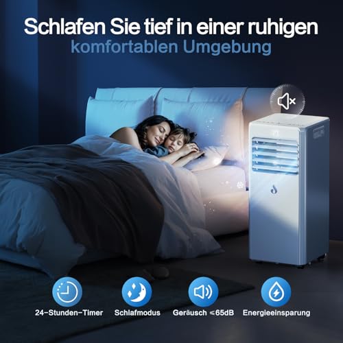 4-in-1 Klimaanlage Mobil, 9000 BTU Mobile Klimaanlage mit Kühlung, Entfeuchtung, Mobiles Klimagerät mit Fernbedienung, Abluftschlauch, Sleep-Modus, 0.9kW für Räume bis 90m³/33㎡ – Bild 6