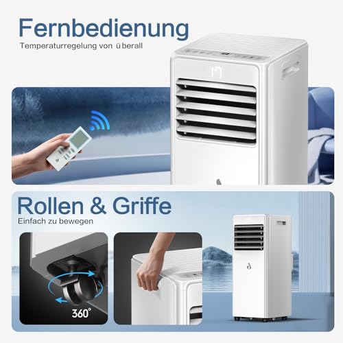 4-in-1 Klimaanlage Mobil, 9000 BTU Mobile Klimaanlage mit Kühlung, Entfeuchtung, Mobiles Klimagerät mit Fernbedienung, Abluftschlauch, Sleep-Modus, 0.9kW für Räume bis 90m³/33㎡ – Bild 7