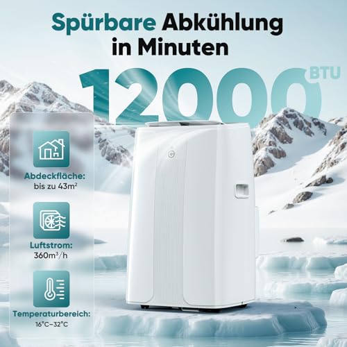 Klimaanlage Mobil 12000BTU, 3-in-1 Mobile Klimaanlage mit Abluftschlauch,Kühlen,Entfeuchten, Luftzirkulation, LED Display&Fernbedienung, 24h-Timer, Leise&Energieeffizient, Für Räume bis zu 132 m³(43㎡) – Bild 2