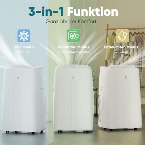 Klimaanlage Mobil 12000BTU, 3-in-1 Mobile Klimaanlage mit Abluftschlauch,Kühlen,Entfeuchten, Luftzirkulation, LED Display&Fernbedienung, 24h-Timer, Leise&Energieeffizient, Für Räume bis zu 132 m³(43㎡) – Bild 3