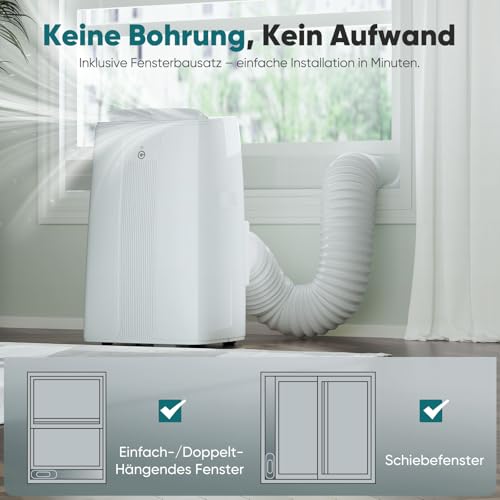 Klimaanlage Mobil 12000BTU, 3-in-1 Mobile Klimaanlage mit Abluftschlauch,Kühlen,Entfeuchten, Luftzirkulation, LED Display&Fernbedienung, 24h-Timer, Leise&Energieeffizient, Für Räume bis zu 132 m³(43㎡) – Bild 6