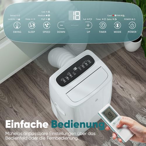 Klimaanlage Mobil 12000BTU, 3-in-1 Mobile Klimaanlage mit Abluftschlauch,Kühlen,Entfeuchten, Luftzirkulation, LED Display&Fernbedienung, 24h-Timer, Leise&Energieeffizient, Für Räume bis zu 132 m³(43㎡) – Bild 7