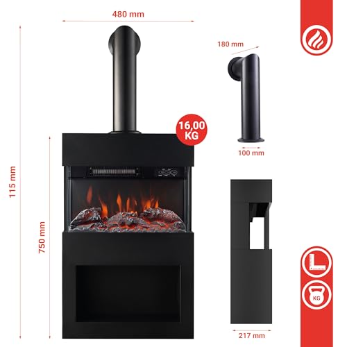 KAMINIO Elektrokamin Henri mit Ofenrohr - Elektrischer Kaminofen mit Heizung, 3D-Flammeneffekt, Holzfach, LED-Ambientelicht, Fernbedienung (Schwarz) – Bild 2