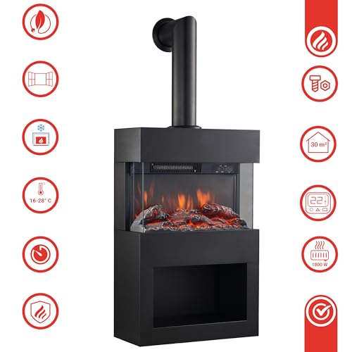 KAMINIO Elektrokamin Henri mit Ofenrohr - Elektrischer Kaminofen mit Heizung, 3D-Flammeneffekt, Holzfach, LED-Ambientelicht, Fernbedienung (Schwarz) – Bild 5