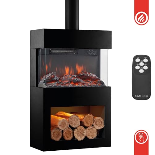 KAMINIO Elektrokamin Henri mit Ofenrohr - Elektrischer Kaminofen mit Heizung, 3D-Flammeneffekt, Holzfach, LED-Ambientelicht, Fernbedienung (Schwarz) – Bild 6