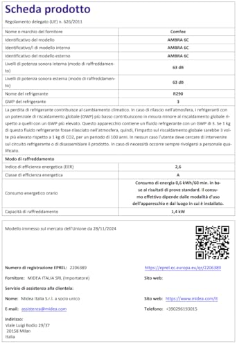 COMFEE' Tragbare Klimaanlage 5000 BTU/H, AMBRA 6C, 1,4 kW, 17㎡/50 m³, 3-in-1 tragbare Klimaanlage, Ventilator, Kühlung, Entfeuchtung, 24H Timer, Sleep Modus, Follow-me Funktion – Bild 8