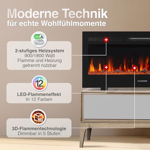 KAMINIO Elektrokamin Marlon - Elektrischer 3-in-1 Kamin mit Heizung, 3D-Flammeneffekt, 12 Flammenfarben, Fernbedienung (42 Zoll) – Bild 4