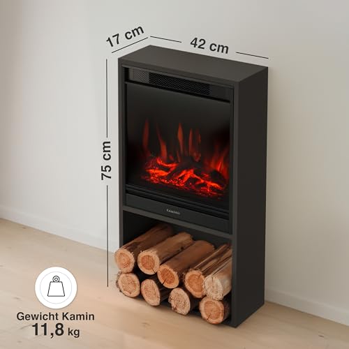 KAMINIO Elektrokamin Hugo - Elektrischer Kaminofen mit Heizung, 3D-Flammeneffekt, LED-Ambientelicht, Holzfach, Fernbedienung (Schwarz) – Bild 2