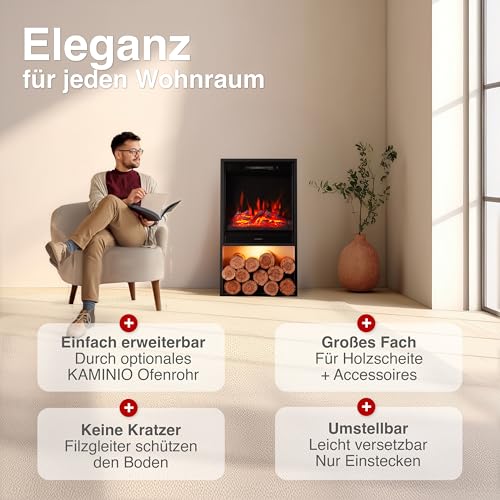 KAMINIO Elektrokamin Hugo - Elektrischer Kaminofen mit Heizung, 3D-Flammeneffekt, LED-Ambientelicht, Holzfach, Fernbedienung (Schwarz) – Bild 3