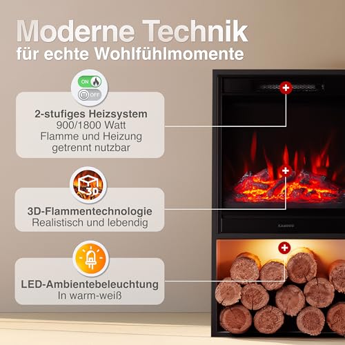 KAMINIO Elektrokamin Hugo - Elektrischer Kaminofen mit Heizung, 3D-Flammeneffekt, LED-Ambientelicht, Holzfach, Fernbedienung (Schwarz) – Bild 4