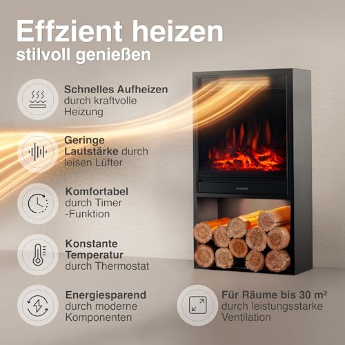 KAMINIO Elektrokamin Hugo - Elektrischer Kaminofen mit Heizung, 3D-Flammeneffekt, LED-Ambientelicht, Holzfach, Fernbedienung (Schwarz) – Bild 5