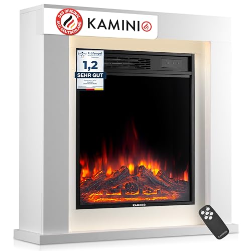 KAMINIO Elektrokamin Matti - Elektrischer Standkamin mit Heizung, 3D-Flammeneffekt, LED-Ambientelicht, Fernbedienung - 32 Zoll (Weiß)