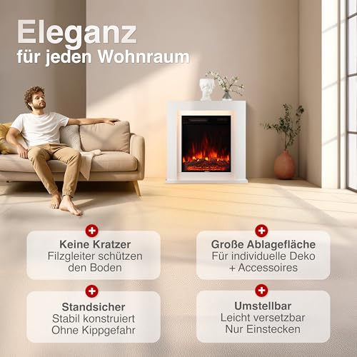 KAMINIO Elektrokamin Matti - Elektrischer Standkamin mit Heizung, 3D-Flammeneffekt, LED-Ambientelicht, Fernbedienung - 32 Zoll (Weiß) – Bild 3