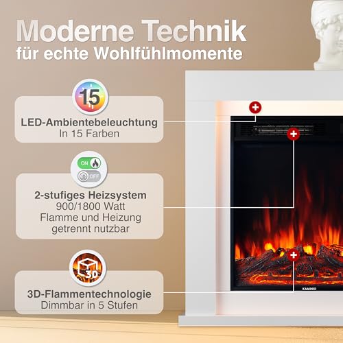 KAMINIO Elektrokamin Matti - Elektrischer Standkamin mit Heizung, 3D-Flammeneffekt, LED-Ambientelicht, Fernbedienung - 32 Zoll (Weiß) – Bild 4