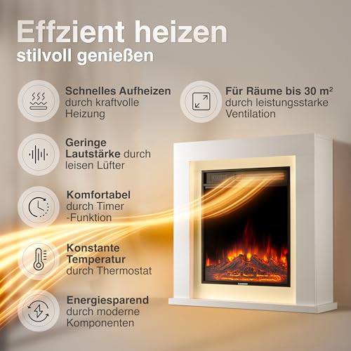 KAMINIO Elektrokamin Matti - Elektrischer Standkamin mit Heizung, 3D-Flammeneffekt, LED-Ambientelicht, Fernbedienung - 32 Zoll (Weiß) – Bild 5