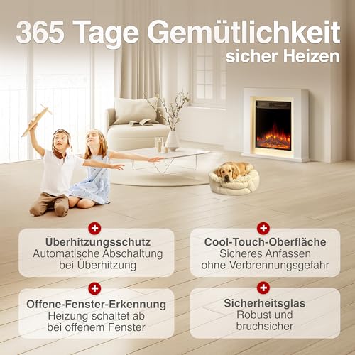 KAMINIO Elektrokamin Matti - Elektrischer Standkamin mit Heizung, 3D-Flammeneffekt, LED-Ambientelicht, Fernbedienung - 32 Zoll (Weiß) – Bild 6