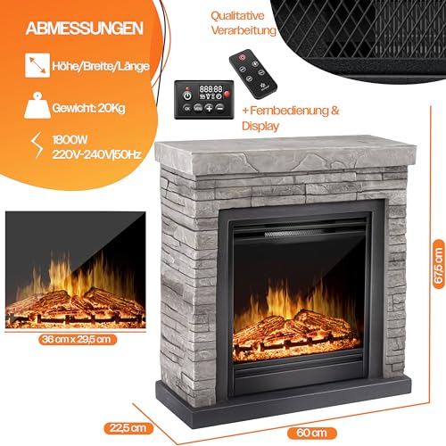 KESSER® Elektrokamin Standkamin - Kamin elektrisch mit LED 3D-Flammeneffekt, Heizung Heizfunktion, Elektro 1800W Leistung, Timer, Thermostat, Fernbedienung, dimmbar, Steinoptik/Grau – Bild 2