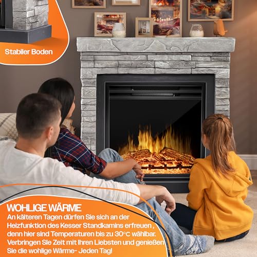 KESSER® Elektrokamin Standkamin - Kamin elektrisch mit LED 3D-Flammeneffekt, Heizung Heizfunktion, Elektro 1800W Leistung, Timer, Thermostat, Fernbedienung, dimmbar, Steinoptik/Grau – Bild 6