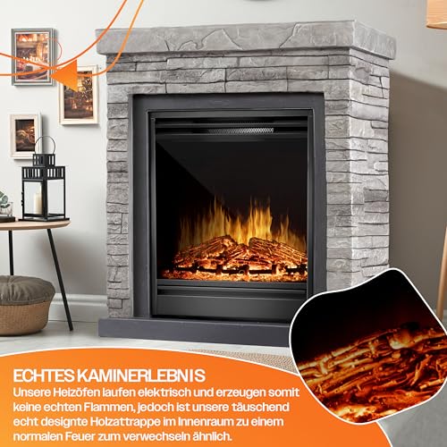 KESSER® Elektrokamin Standkamin - Kamin elektrisch mit LED 3D-Flammeneffekt, Heizung Heizfunktion, Elektro 1800W Leistung, Timer, Thermostat, Fernbedienung, dimmbar, Steinoptik/Grau – Bild 7