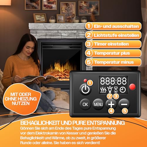 KESSER® Elektrokamin Standkamin - Kamin elektrisch mit LED 3D-Flammeneffekt, Heizung Heizfunktion, Elektro 1800W Leistung, Timer, Thermostat, Fernbedienung, dimmbar, Steinoptik/Grau – Bild 8