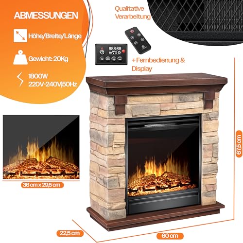 KESSER® Elektrokamin Standkamin - Kamin elektrisch mit LED 3D-Flammeneffekt, Mit Heizung Heizfunktion, Elektro Kamin mit 1800W Leistung, Timer, Thermostat, Fernbedienung, dimmbar, Natur/Braun – Bild 2
