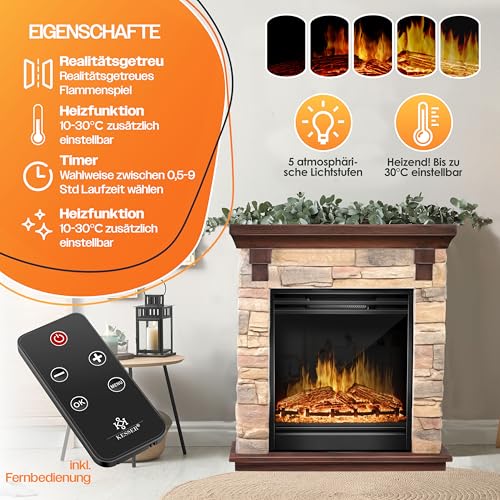 KESSER® Elektrokamin Standkamin - Kamin elektrisch mit LED 3D-Flammeneffekt, Mit Heizung Heizfunktion, Elektro Kamin mit 1800W Leistung, Timer, Thermostat, Fernbedienung, dimmbar, Natur/Braun – Bild 3