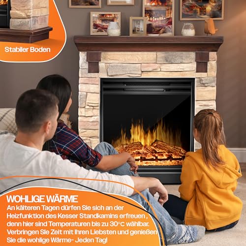 KESSER® Elektrokamin Standkamin - Kamin elektrisch mit LED 3D-Flammeneffekt, Mit Heizung Heizfunktion, Elektro Kamin mit 1800W Leistung, Timer, Thermostat, Fernbedienung, dimmbar, Natur/Braun – Bild 6