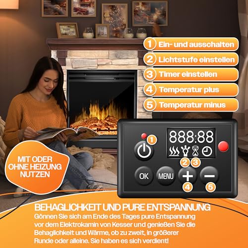 KESSER® Elektrokamin Standkamin - Kamin elektrisch mit LED 3D-Flammeneffekt, Mit Heizung Heizfunktion, Elektro Kamin mit 1800W Leistung, Timer, Thermostat, Fernbedienung, dimmbar, Natur/Braun – Bild 8