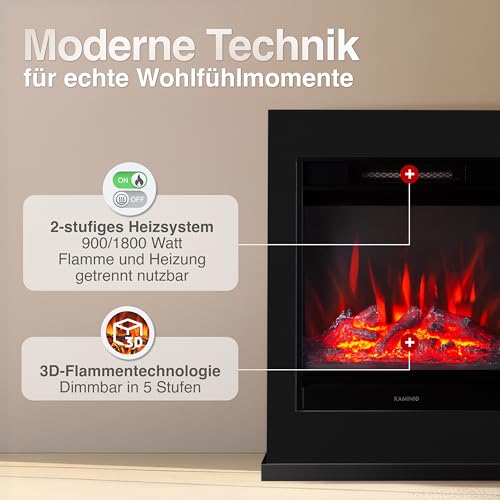 KAMINIO Elektrokamin Kalle - Elektrischer Standkamin mit Heizung, 3D-Flammeneffekt, Fernbedienung (Schwarz) – Bild 4
