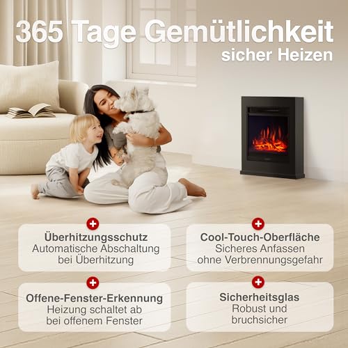 KAMINIO Elektrokamin Kalle - Elektrischer Standkamin mit Heizung, 3D-Flammeneffekt, Fernbedienung (Schwarz) – Bild 6
