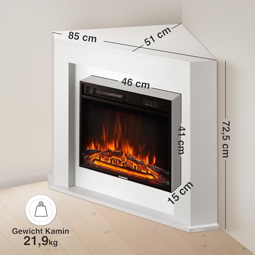 KAMINIO Elektrokamin Matti - Elektrischer Eckkamin mit Heizung, 3D-Flammeneffekt, LED-Ambientelicht, Fernbedienung - Ecke (Weiß) – Bild 2